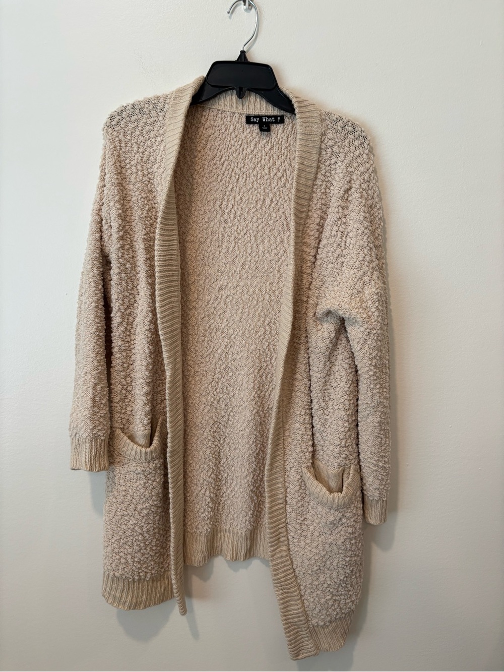 Say What? Women's Cream Open-Front Textured Cardigan Sweater